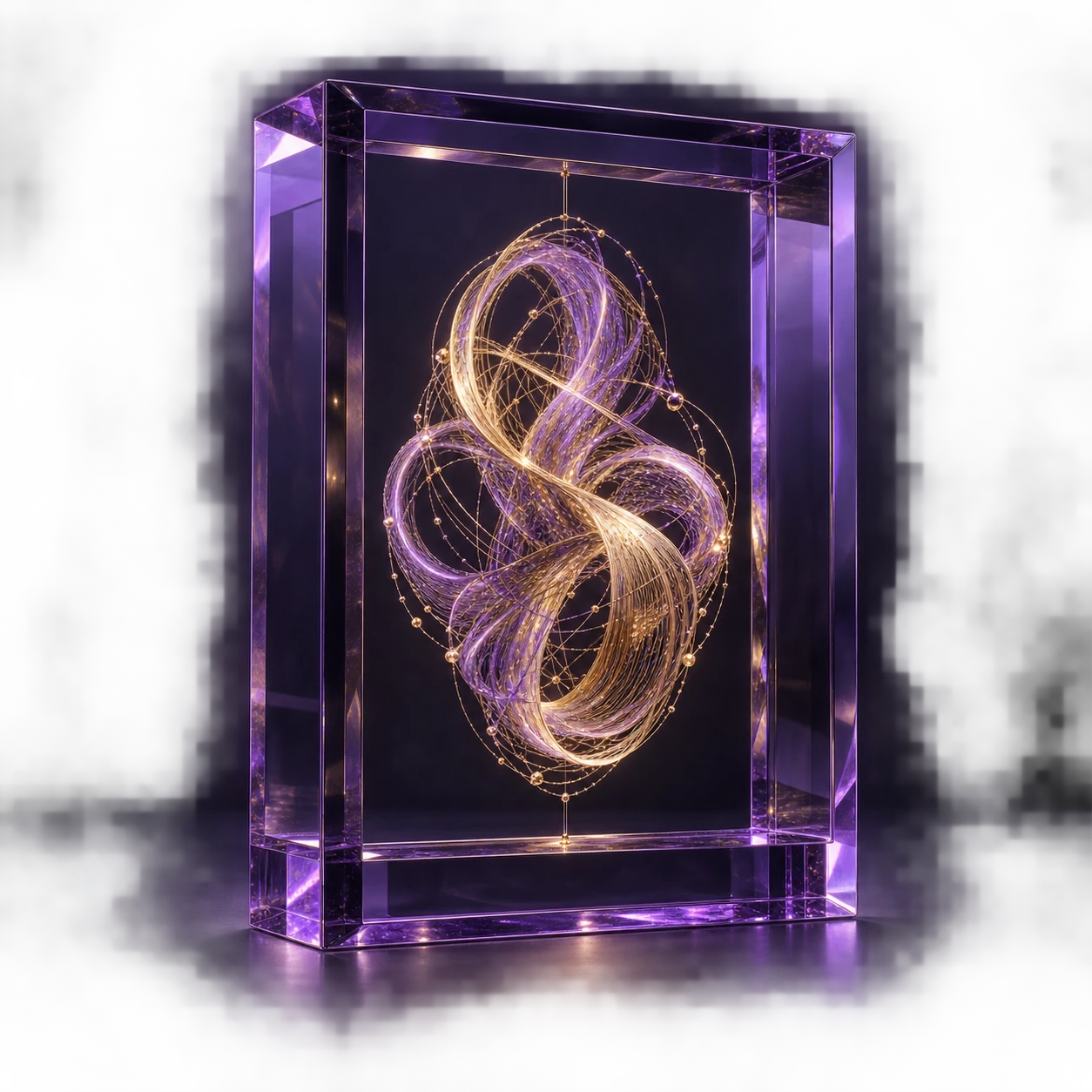 A luminous thread held inside a sculptural violet frame, an artistic expression of knowledge kept in your hands.