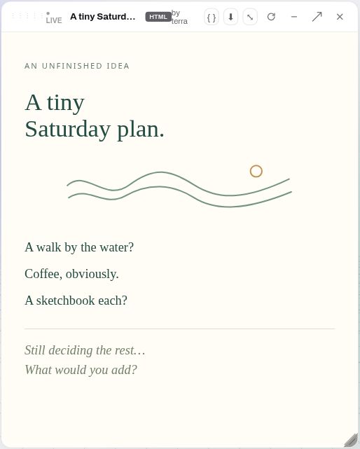 The shared Saturday plan opened in the recipient's MindSpace: a walk by the water, coffee, a sketchbook, and the question What would you add?